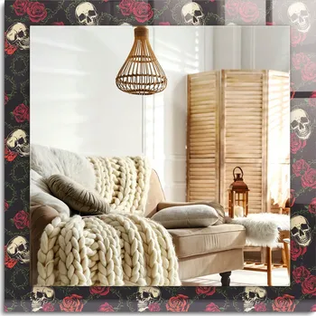 Zrcadlo Moderní Loftové zrcadlo závěsné s potiskem Lebky růže trny 60x60 cm