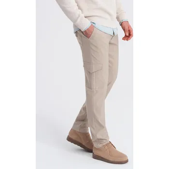 Pánské kalhoty Pánské kalhoty REGULAR z tkaniny s cargo kapsami - béžové V3 OM-PACG-0178 - M