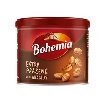 Sušená potravina Arašídy BOHEMIA extra pražené 135 g (solené pražené arašídy v plechu)