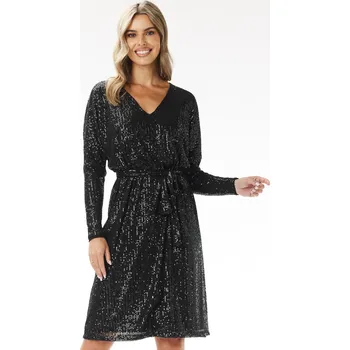 Dámské šaty Flitrované midi šaty áčkového střihu s výstřihem do V A690 Barva: Černá, Velikost: S/M