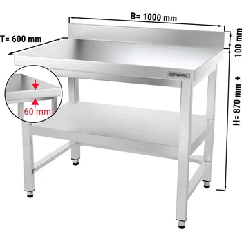 Jídelní stůl G.Gastro Pracovní stůl PREMIUM z nerezové oceli - 1,0 m - se spodní policí, obkladovým panelem & výztuhami