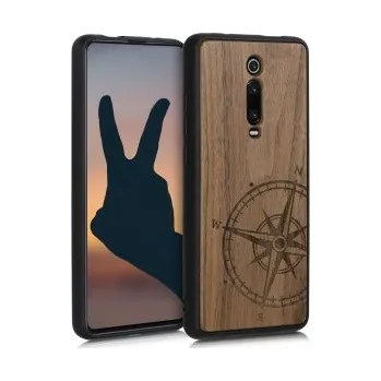 Pouzdro na mobilní telefon Dřevěné pouzdro s designem kompas pro Xiaomi Mi 9T - tmavě hnědá
