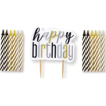 Party dekorace Svíčky dortové sada Happy Birthday zlato černo stříbrné 13 ks