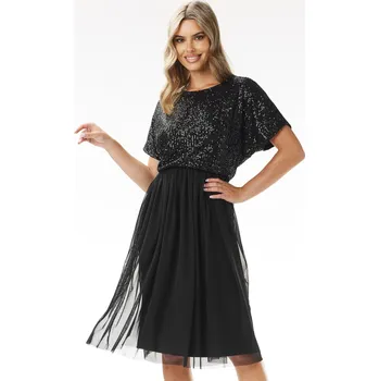 Dámské šaty Kimono midi večerní šaty s flitry a tylem A689 Barva: Černá, Velikost: S