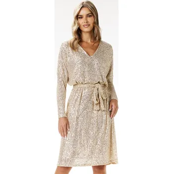 Dámské šaty Flitrované midi šaty áčkového střihu s výstřihem do V A690 Barva: Béžová, Velikost: S/M