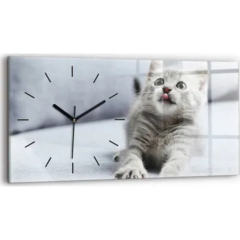 Hodiny Horizontální Skleněné Nástěnné Hodiny do Obýváku s Grafikou Kočka na gauči 60x30 cm