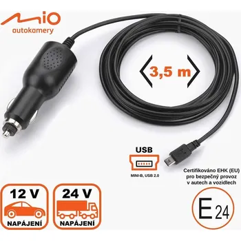 Mio cigaretová nabíječka 3.5 m ke kamerám Mio, mini-USB 5V, 2A (bulk)