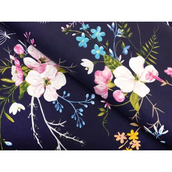 Bavlněná látka/plátno Sandra SA-557 Modro-růžové kvítí na tmavě modrém - šířka 160 cm