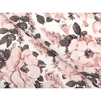 Bavlněná látka/plátno Sandra SA-549 Růžové růže a poupata na bílém - šířka 160 cm