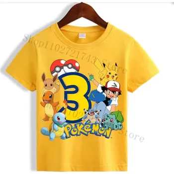 Dívčí tričko Pokémon Dětské narozeninové tričko s číslovkou "Pokémon" - žluté Číslovka: 3, Velikost: 150