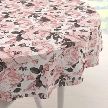 ubrus Bavlněný kulatý ubrus Sandra SA-549 Růžové růže a poupata na bílém Ø 40 cm