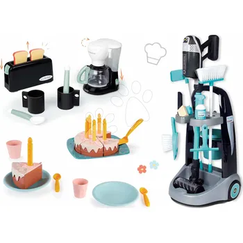 Dětská kuchyňka Set na snídani s kávovarem a dortem Tefal Smoby s toustovačem a úklidovým vozíkem a vysavačem