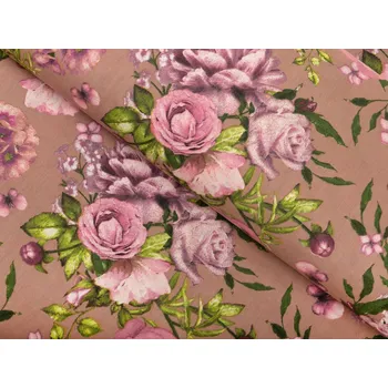 Bavlněná látka/plátno Sandra SA-554 Růže a hortenzie na hnědém - šířka 220 cm