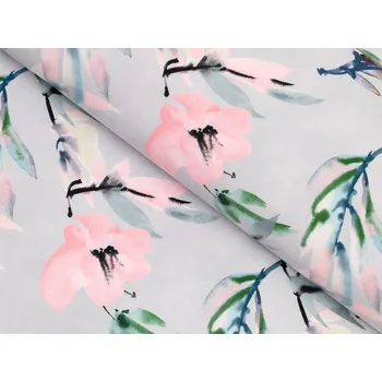 Dekorační látka PM-110 Akvarelové růžové květy na světle šedém - šířka 150 cm