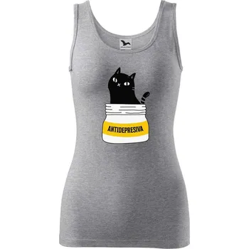 DOBRÝ TRIKO Dámské tílko s kočkou ANTIDEPRESIVA Velikost: XS, Barva: Tmavě šedý melír