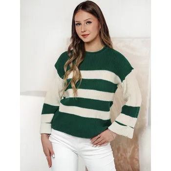 Dámský svetr Zeleno-bílý dámský pruhovaný svetr LINEZZA MY2389 Velikost: ONE SIZE