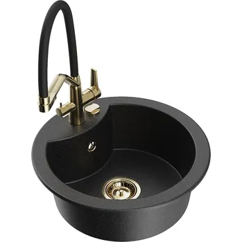 Granitový dřez MEXEN/S - Diego granitový dřez 1-miska včetně baterie Duo, černá/stříbrná metalik 6512-73-671701-57-G