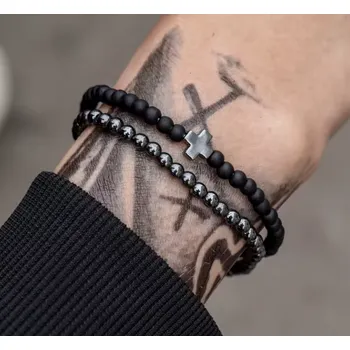 Náramek B-TOP Sada 2 ks náramků z kamenných a hematitových korálků Cross