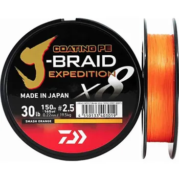 Splétaná Šňůra Daiwa J-BRAID Expedition X8 150m - Smash Orange Průměr: 150m/0,13mm