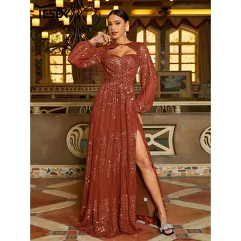 Dámské šaty Originální dlouhé šaty na ples LC10087 Barva: Hnědá, Velikost: XL