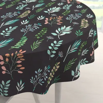 ubrus Bavlněný kulatý ubrus Sandra SA-556 Větvičky s lístky na černém Ø 40 cm