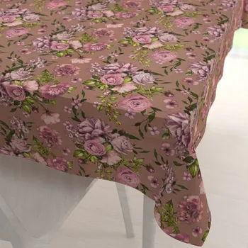 ubrus Bavlněný obdélníkový ubrus Sandra SA-554 Růže a hortenzie na hnědém 120x180 cm