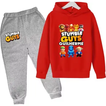 Stumble Guys Pohodlná tepláková souprava s motivem "Stumble Guys" - šedé kalhoty + barevné mikiny Barva: šedé kalhoty + červená mikina, Velikost: 150