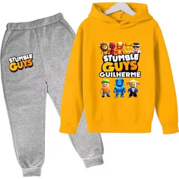 Stumble Guys Pohodlná tepláková souprava s motivem "Stumble Guys" - šedé kalhoty + barevné mikiny Barva: šedé kalhoty + žlutá mikina, Velikost: 120