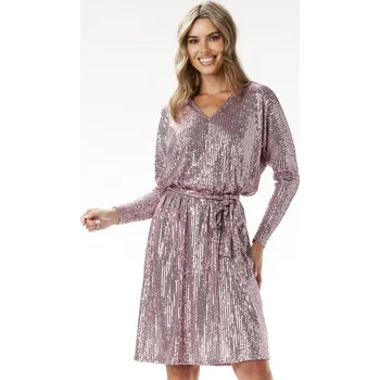 Dámské šaty Flitrované midi šaty áčkového střihu s výstřihem do V A690 Barva: Růžová, Velikost: S/M