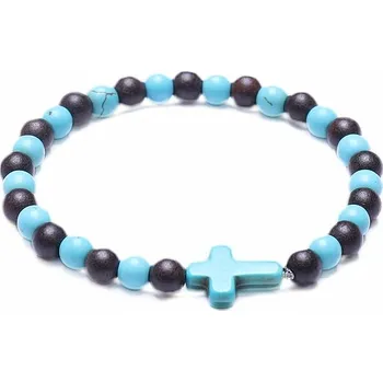 Náramek Náramek z korálků santalového dřeva a tyrkysu s křížkem obvod cca 16 až 21 cm