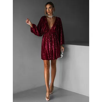 Dámské šaty Vínové krátké flitrované šaty BERRON s výstřihem Velikost: ONESIZE