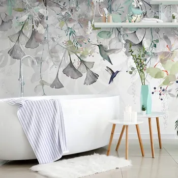 Tapeta Dovido Tapeta listy s kolibříky v šedo-zeleném