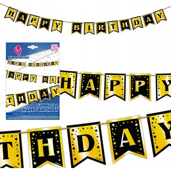 Papírová girlanda "Happy Birthday" černo-zlatá 4 metry
