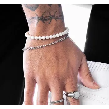 Náramek B-TOP Sada 2 ks náramků z nerezové oceli a bílých perel