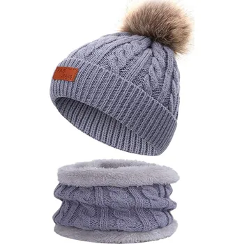 Kojenecká čepice Dětská pletená čepice s bambulí a nákrčníkem