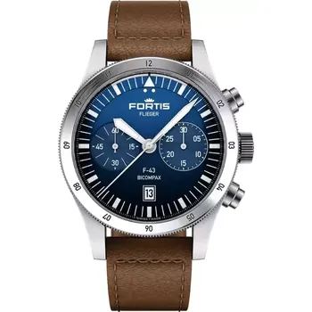 Hodinky Fortis - F4240013 - Flieger F-43 Bicompax Liberty Blue on Teak Brown Aviator Strap