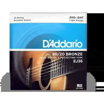 Struna pro kytaru a smyčcový nástroj Struny kovové pro 12strunnou kytaru D'Addario EJ36 Bronze Light - 10/47