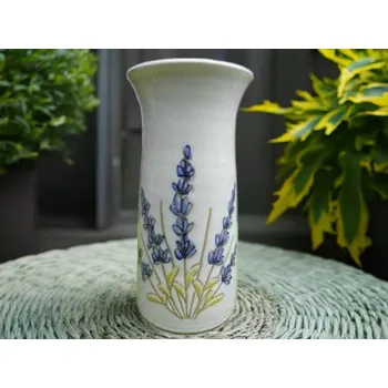 Váza Keramická světlá celoglazovaná váza|Motiv levandule|Bílo-modrá|Výška 16cm