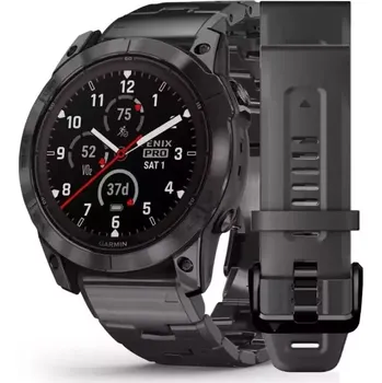 Chytré hodinky Garmin - 010-02777-97 - Fēnix® 7 PRO Sapphire Solar Edition Exklusive Premium Bundle / Grey DLC Titanium / Titanium Grey DLC Band and Silicone Band + Voucher TOPO Czech maps