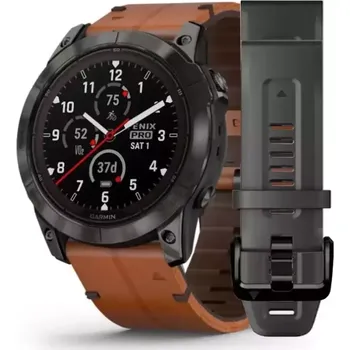 Chytré hodinky Garmin - 010-02777-92 - Fēnix® 7 PRO Sapphire Solar Edition Exklusive Premium Bundle / Grey DLC Titanium / Leather Brown Band and Silicone Band + Voucher TOPO Czech maps