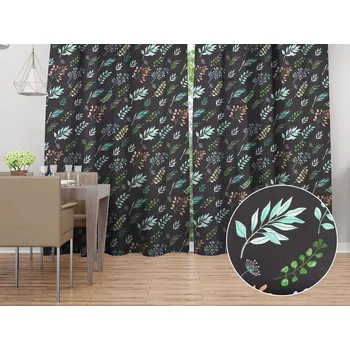 ubrus Bavlněný závěs Sandra SA-556 Větvičky s lístky na černém 150x140 cm