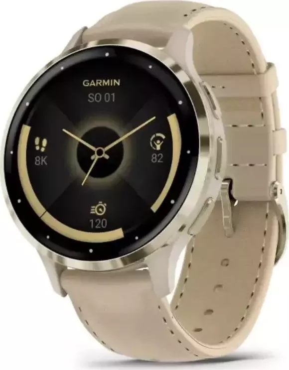 Garmin - 010-02785-55 - Venu® 3S Nerezová luneta Soft Gold, pouzdro French Gray, kožený řemínek