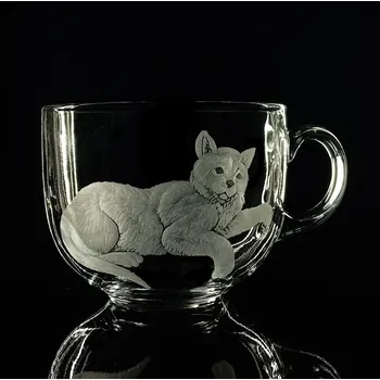 Stolování Hrnek skleněný na čaj 400ml s rytinou kočky - ručně ryté (broušené), dárková krabička