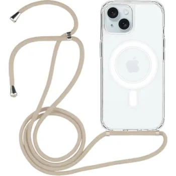 Pouzdro na mobilní telefon Transparentní kryt se šňůrkou a MagSafe pro iPhone 15 Plus - béžový