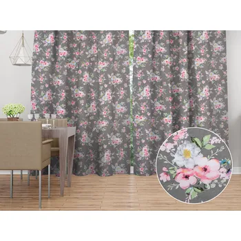 ubrus Bavlněný závěs Sandra SA-553 Růžové květiny na šedém 150x140 cm