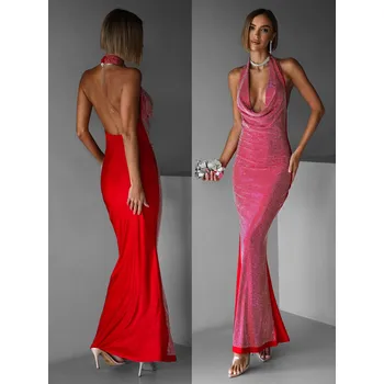 Dámské šaty Červené třpytivé dlouhé šaty CESARA s odhalenými zády Velikost: M/L
