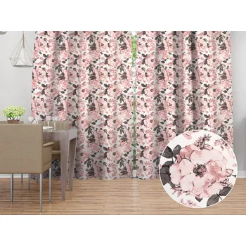 ubrus Bavlněný závěs Sandra SA-549 Růžové růže a poupata na bílém 150x140 cm