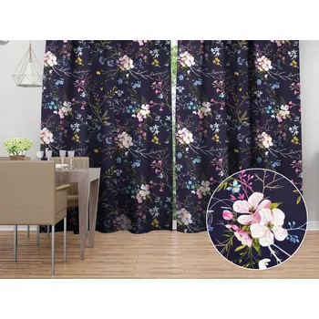 ubrus Bavlněný závěs Sandra SA-557 Modro-růžové kvítí na tmavě modrém 150x140 cm