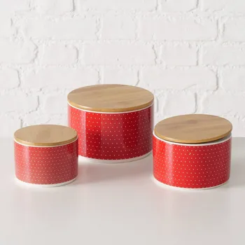 Dóza na potraviny Boltze Home Keramické dózy s bambusovým víkem LILLY, 3 ks, červené
