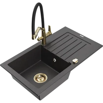 Granitový dřez Mexen Pablo granitový dřez 1-komorový s odkapávačem a kuchyňskou baterií Duo, černý kropenatý - 6510-76-671701-57-G Granitové dřezy s baterií